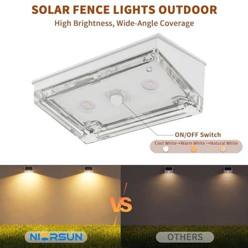 Solar Fence Lights 8 Pack, Outdoor Solar Lights with 3 Color Temperatures, IP65 Waterproof Wide-Angle LED Lighting for Fence, Patio, Yard, Deck, Wall, Garden (White)