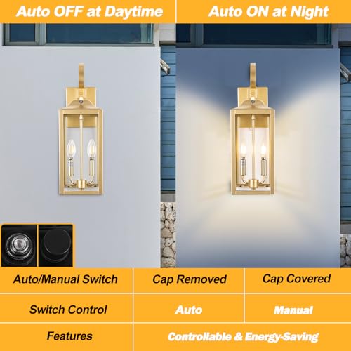 19" Dusk to Dawn Outdoor Wall Lantern 2-Light, Gold Outdoor Wall Lights