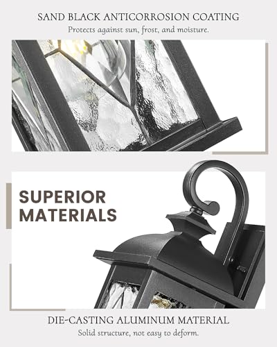 FEMILA 15" Exterior Wall Sconce, 2-Pack Outdoor Waterproof Wall Lights Fixture, Anti-Rust Matte Black Finish with Water Ripple Glass,4FD54B-2PK BK-SD