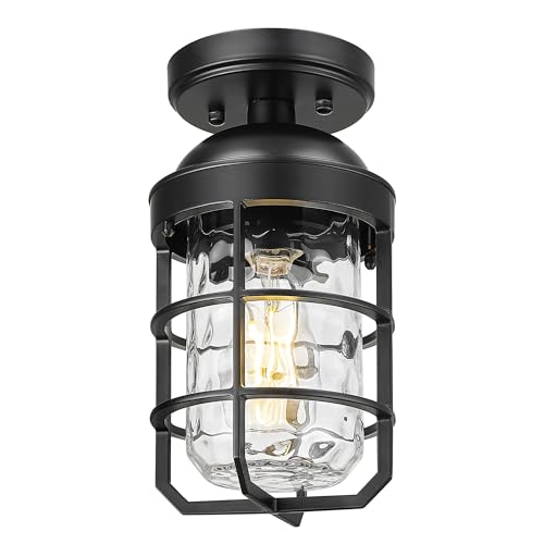 Emliviar Industrial Ceiling Lamp with Water Ripple Glass Shade, 11.1 Inch Classic Semi Flush Mount Light in Black Finish for Kitchen, GE255LF BK-WG