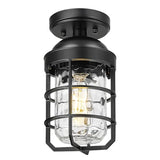 Emliviar Industrial Ceiling Lamp with Water Ripple Glass Shade, 11.1 Inch Classic Semi Flush Mount Light in Black Finish for Kitchen, GE255LF BK-WG