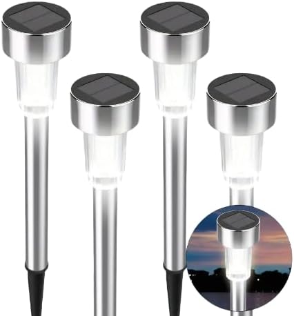 Outdoor Solar Landscape Lawn Lights, Suitable for Christmas, Halloween, Weddings, Road and Garden Decoration (White Light - Stainless Steel, 4 Pieces in a Pack)