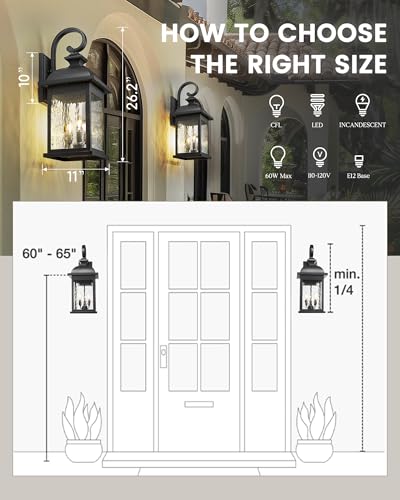 FEMILA 26" Outdoor Wall Light, Large Exterior Wall Lantern with Water Ripple Glass, 3-Light Outdoor Wall Light Fixtures for Entryway, Patio, Garage, Doorway, E12 Base, 4FD54B-L BK