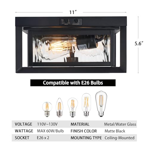 CALOKES Motion Sensor Outdoor Ceiling Light - Industrial Style, Flush Mount, Dual Box Frame with Water Ripple Glass Design - Perfect for Porch, Garage, and Entryway, Time and Sensitivity Adjustable