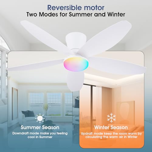 Surtime Flush Mount RGB Ceiling Fans with Lights-48 Low Profile Ceiling Fan with Light and Remote/APP Control,DC Reversible,LED Dimmable Ceiling Fans for Bedroom,Indoor/Outdoor Patio Use(White)