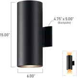 Kichler Cylinders 15" 2-Light Outdoor Cylinder Wall Sconce in Black, (15" H x 5.75" W), 9246BK | Lumora
