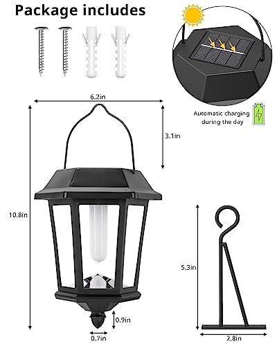 Solar Lanterns Outdoor Waterproof, Hanging Solar Lights with Glass Shade - 2 Pack LED Metal Wall Mount Outdoor Light for Yard/Garden/Patio - Flame