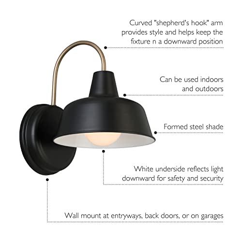 Design House Mason Farmhouse Gooseneck Barn Light, Outdoor Exterior Porch or Patio Wall Light Fixture, Black and Gold, 8 Inch Diameter, 1-Pack, 588285