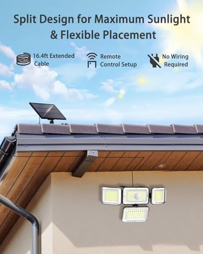 CLAONER Solar Outdoor Lights Motion Sensor 3500LM 288 LED Solar Security Lights with Remote Control IP67 Waterproof 4 Heads Solar Flood Lights with 16.4ft Cable 4 Modes Wall Lights(2 Pack)