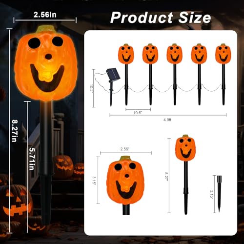 BRIGHTDECK Halloween Solar Pathway Lights Outdoor, LED Decor, Light Up Solar Stake Lights for Holiday, Halloween, Walkway, Sidewalk (Smile Pumpkin, 10-Pack)