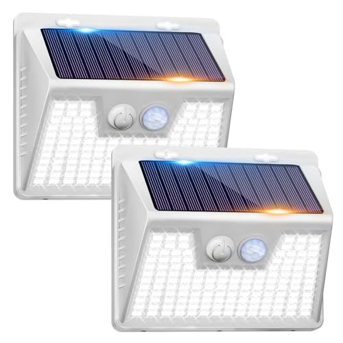 Solar Powered Lights Outdoor Motion Sensor, 2 Pack 140 LED Fence Light Waterproof, White Frame Security Wall Lighting for Outside Deck Yard Patio House Step