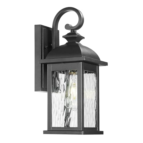 FEMILA Outdoor Wall Light Fixture, 1-Light Exterior Waterproof Wall Sconce, 15" Front Porch Lights, Anti-Rust Matte Black Finish with Water Ripple Glass, 4FD54B BK-WP