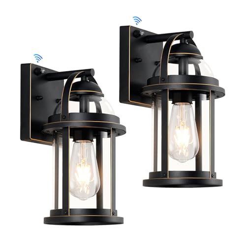 Dusk to Dawn Outdoor Wall Lights, Waterproof Lighting Fixtures Rustic Farmhouse Wall Lanterns with Clear Glass Shades Anti-Rust Outside Lights for House(Black with Gold-Trim, 2 Pack)