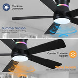 Surtime 46" Black Ceiling Fans with RGB Lights - Flush Mount Ceiling Fan Light with LED 3CCT Dimmable, Modern Low Profile Ceiling Fans for Indoor Party,Covered Outdoor