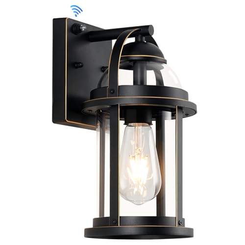Dusk to Dawn Outdoor Wall Lights, Waterproof Lighting Fixtures Rustic Farmhouse Wall Lanterns with Clear Glass Shades Anti-Rust Outside Lights for House(Black with Gold-Trim, 1 Pack)