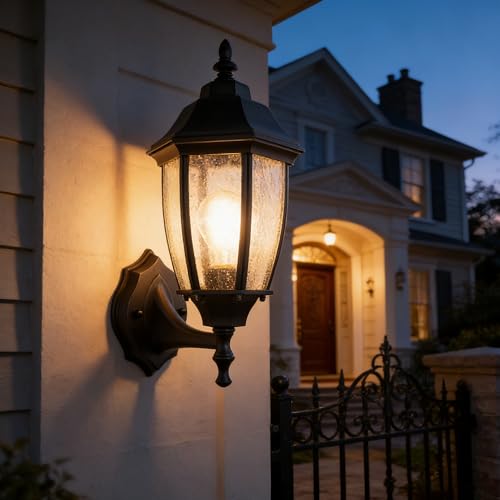 Outdoor Wall Lantern, 14 Inch Porch Light Fixture Seed Glass Shades.