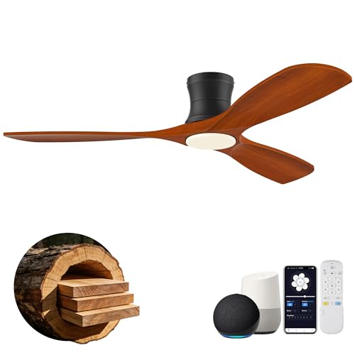 52" Low Profile Smart Ceiling Fans with Light Remote,Flush Mount,Wood,Quiet
