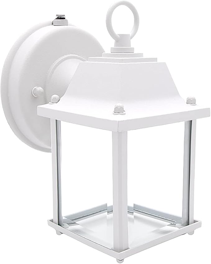 Maxxima LED Porch Lantern Outdoor Wall Light - White with Clear Glass, 3000K Warm White, 650 Lumens, Dusk to Dawn Photocell Light Sensor, Patio or Porch Sconce Fixture, Exterior Lighting - White