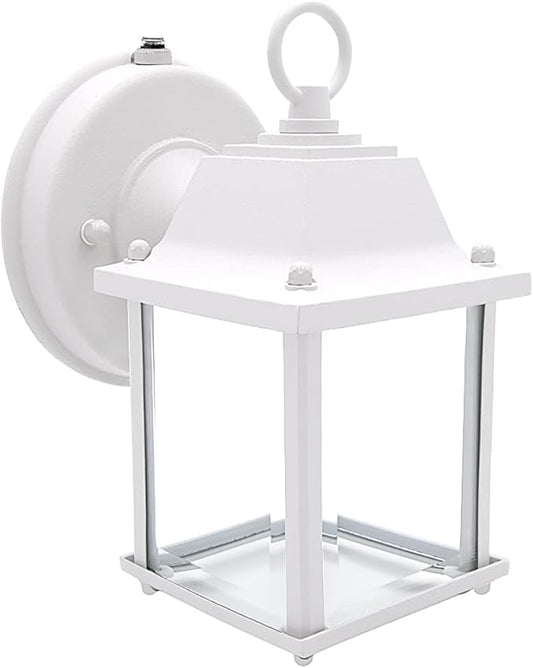 Maxxima LED Porch Lantern Outdoor Wall Light - White with Clear Glass, 3000K Warm White, 650 Lumens, Dusk to Dawn Photocell Light Sensor, Patio or Porch Sconce Fixture, Exterior Lighting - White