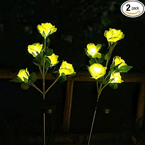Solar Garden Rose Lights, Decorman 2 Pack Realistic Solar Outdoor Flower Lights Waterproof LED Stake Landscape Decorative Lights with 10 Roses for Garden, Lawn, Yard, Pathway, Patio, Backyard (Yellow)