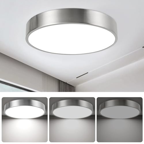 13inch Round Bathroom Ceiling Lighting Fixture, Overhead Polished Brushed Nickel Bedroom Ceiling Lights, Low Profile Led Chrome Flush Mount Light, 26W, 3000K, ETL Listed