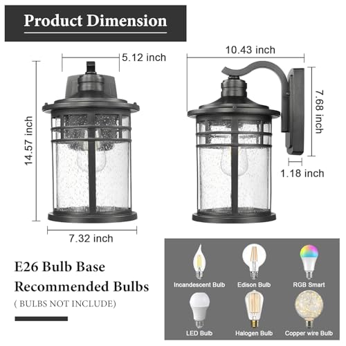 Darkaway Large Outdoor Porch Lights Wall Mount, 15inch Outdoor Light Fixtures Sconces Wall Lighting with Seeded Glass Exterior Lights for Patio Yard House Hallway Doorway Garage(Large, Black)