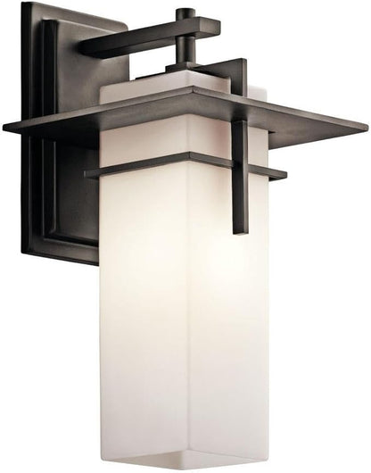 Kichler Caterham 14.75" Outdoor Wall Light in Olde Bronze®, 1-Light Exterior Porch Light Wall Sconce with Satin Etched Cased Opal Glass, (14.75" H x 8" W), 49643OZ