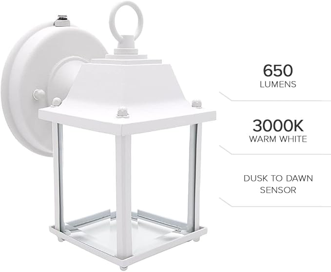 Maxxima LED Porch Lantern Outdoor Wall Light - White with Clear Glass, 3000K Warm White, 650 Lumens, Dusk to Dawn Photocell Light Sensor, Patio or Porch Sconce Fixture, Exterior Lighting - White
