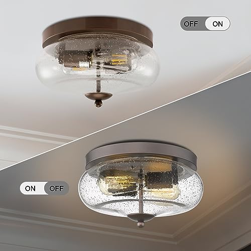 Darkaway Oil-Rubbed Bronze Ceiling Light Fixtures, Indoor Outdoor Flush Mount Ceiling Light with Seeded Glass Shade for Farmhouse Hallway Kitchen Bedroom Porch Living Dining Room