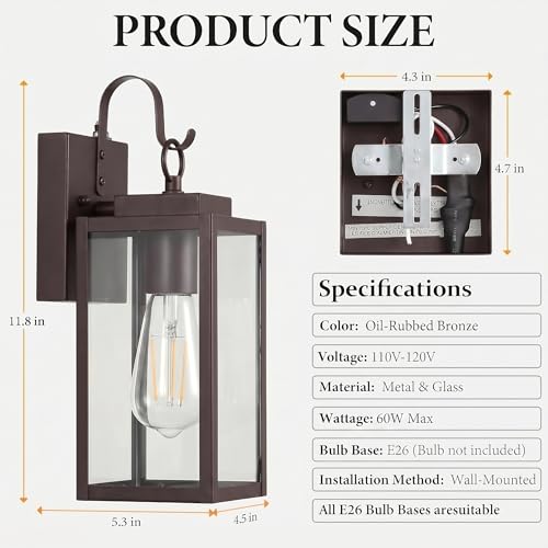 Bronze Porch Light, Dusk to Dawn Wall Mount Outdoor Light