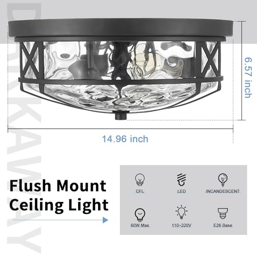 Darkaway 15inch Ceiling Light Fixtures Large Flush Mount Light Fixtures with Water Ripple Glass Shade, Indoor Outdoor Ceiling Light for Kitchen Bathroom Bedroom Hallway Entry Porch
