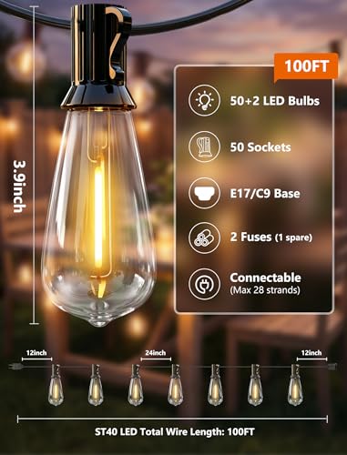 Oviejo 100FT LED Outdoor String Lights,Waterproof Edison String Lights with 52 ST40 LED Bulbs,E17 Base, for Deck,Outside,Backyard,House,Indoor/Outdoor Decor