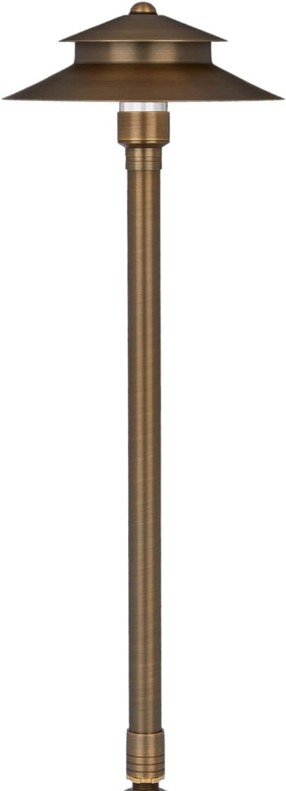 VOLT Stratum 12V Brass 2-Tier Path Light (9" Shade, 25" Tall) for Low Voltage Landscape Lighting on Outdoor Pathway, Walkway, Garden, Driveway or Patio
