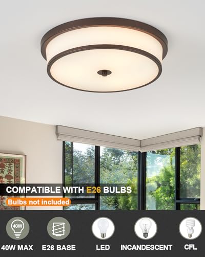16 inch Flush Mount Ceiling Light, 3-Light Close to Ceiling Light Fixtures with Oil Rubbed Bronze Finish for Livingroom Bedroom Kitchen Diningroom(Oil Rubbed Bronze)