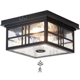 CALOKES Industrial Motion Sensor Outdoor Flush Mount Ceiling Light, Water Ripple Glass Square Black 2-Light Ceiling Lamp for Porch, Entryway, and Garage, Timer and Sensitivity Adjustable