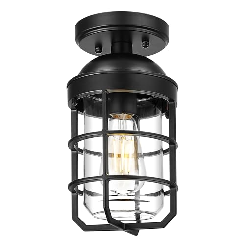 Emliviar 11.1 Inch Vintage Semi Flush Mount Ceiling Light with Clear Tempered Glass Shade, Black Ceiling Lighting for Hallway, GE255LF BK