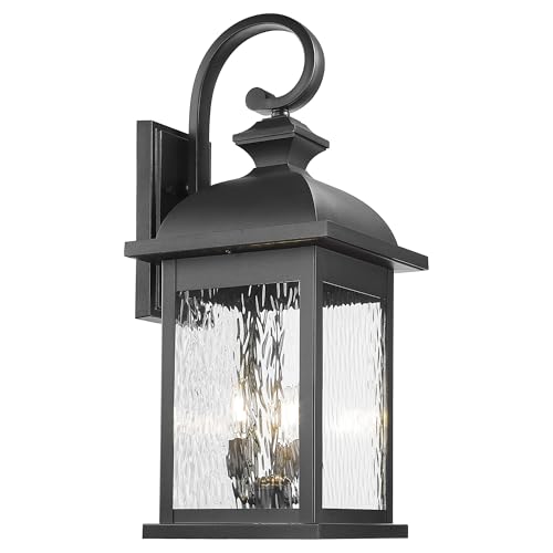 FEMILA 26" Outdoor Wall Light, Large Exterior Wall Lantern with Water Ripple Glass, 3-Light Outdoor Wall Light Fixtures for Entryway, Patio, Garage, Doorway, E12 Base, 4FD54B-L BK
