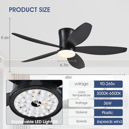 Surtime 48" Ceiling Fans with Lights-Low Profile Ceiling Fan with Light and Remote/APP Control, Black Flush Mount Ceiling Fans,DC Reversible,LED Dimmable