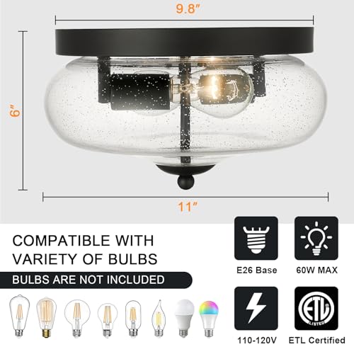 Darkaway Black Ceiling Light Fixtures, Indoor Outdoor Flush Mount Ceiling Light with Seeded Glass Shade for Farmhouse Hallway Kitchen Bedroom Porch Living Dining Room