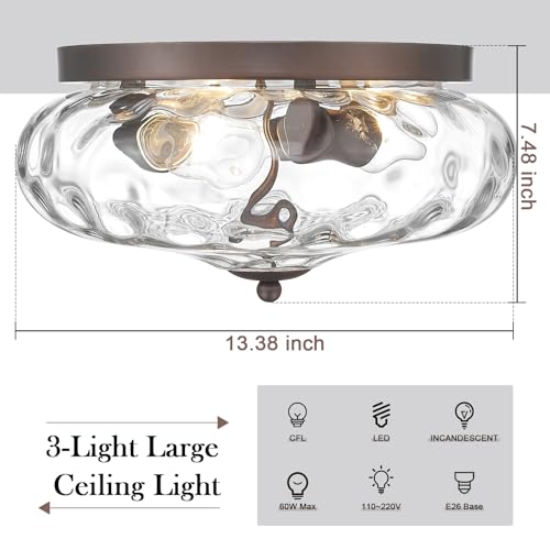 Darkaway Oil-Rubbed Bronze Ceiling Light Fixtures, 3-Light Flush Mount Ceiling Light with Water Ripple Glass Shade for Indoor Outdoor Hallway Kitchen Bedroom Porch Schoolhouse