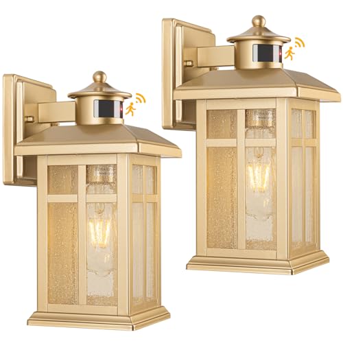 Exterior Motion Wall Sconce, 2 Pack Outdoor Light Fixture Wall Mount Gold