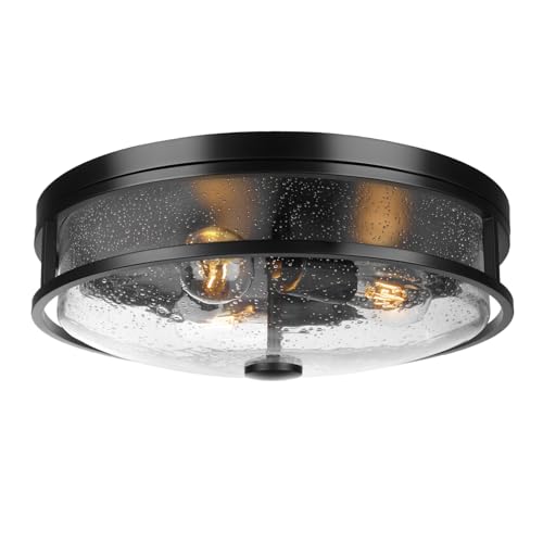 16 Inch Large Flush Mount Ceiling Light Fixture with Seeded Glass, Black Round Ceiling Lamp Shade, Modern Farmhouse Indoor Outdoor Ceiling Lighting for Kitchen Dining Living Room Foyer