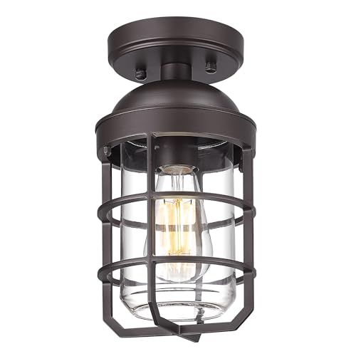 Emliviar Oil Rubbed Bronze Finish 11.1" Semi Flush Light Fixture for Indoor, Farmhouse Semi Flush Mount Ceiling Light with Clear Tempered Glass Shade, GE255LF ORB