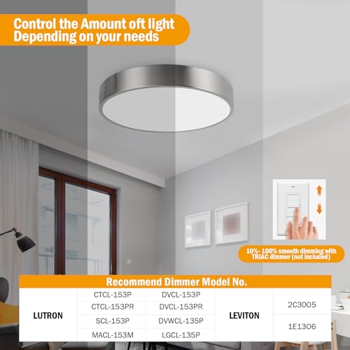 13inch Round Bathroom Ceiling Lighting Fixture, Overhead Polished Brushed Nickel Bedroom Ceiling Lights, Low Profile Led Chrome Flush Mount Light, 26W, 3000K, ETL Listed