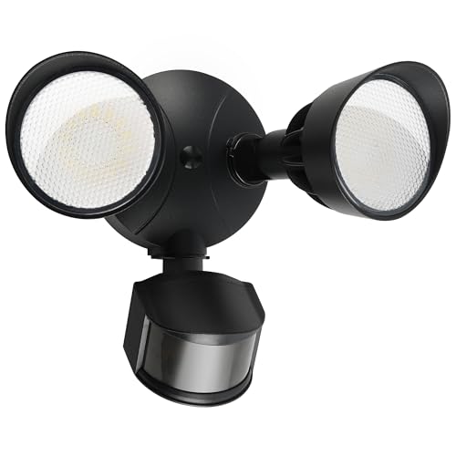 45W 5500LM PIR Motion Sensor Outdoor Lights, Dual Head LED Flood Light, 5000K Daylight, IP65 Waterproof Hardwired Dusk to Dawn Motion Detector Security Light for Outside Garage Yard (Black)