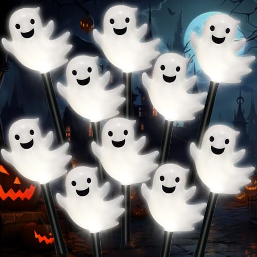 BRIGHTDECK Halloween Solar Pathway Lights Outdoor, LED Decor, Light Up Solar Stake Lights for Holiday, Halloween, Walkway, Sidewalk (Cold White Floating Ghost, 10-Pack)