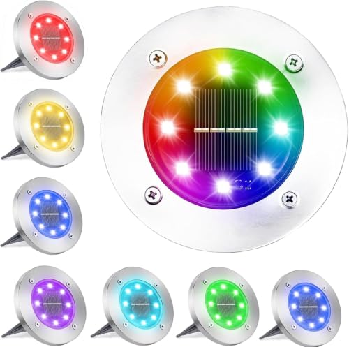 LYHOPE Solar Ground Light Outdoor, 8 Pack 8 LED Color Changing Solar Disk Lights Waterproof Garden In-ground Pathway Lights Landscape Lighting for Lawn,Yard,Deck,Patio,Walkway (RGB)
