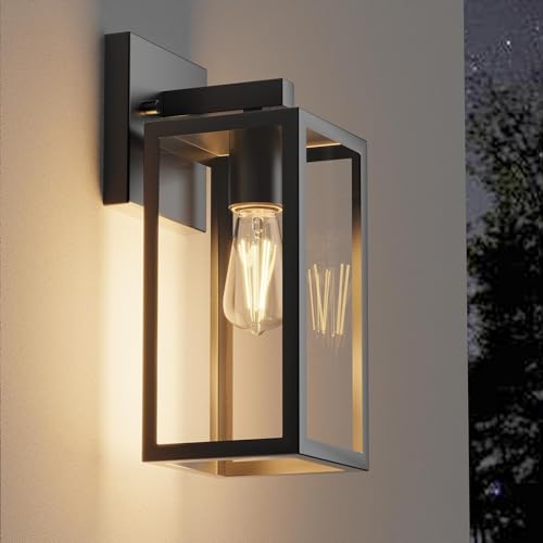 Porch Wall Lights Outdoor, Waterproof Lanterns with Frame and Clear Glass Shade, Exterior Front Porch Light Matte Black Wall Sconce, Modern Mounted Lighting for Patio Entryway Hallway