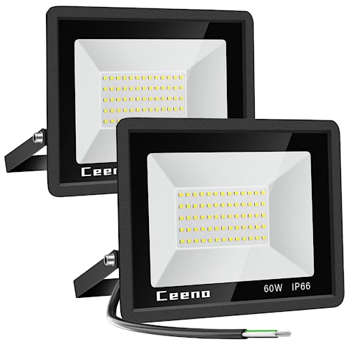 Ceena 2 Pack 60W Hardwired LED Flood Light Outdoor, 6000lm Super Bright Floodlight, IP66 Waterproof 6000K Daylight White Exterior Lights for Garage, Yard, Patio, Front Door