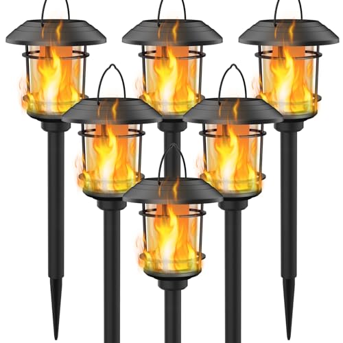 Dynaming 6 Pack Solar Flame Torch Lights Outdoor, Halloween Dual Use Flickering Flame Garden Light, Christmas Hanging Lanterns, Auto On/Off & Waterproof Lighting for Lawn Patio Yard Walkway Driveway
